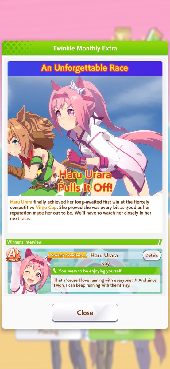 oh my sunday silence, my haru urara got a Virgo cup win
