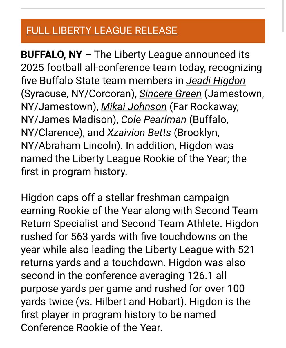 I’m very thankful to be named liberty league Rookie of the Year!! Also second team return specialist