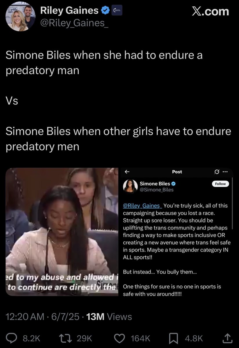 PabloTorre's tweet image. Context: Simone Biles got sexually assaulted by Larry Nassar.

Riley Gaines now seems to get paid to accuse Lia Thomas of doing something similar…

…while ALSO never speaking aloud about her male coach/“best friend” getting banned for life after multiple rape allegations at UK: