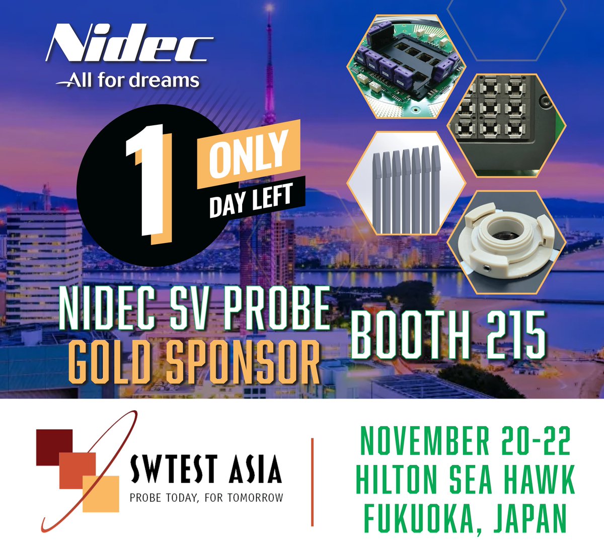 nidecsvprobe's tweet image. 🗓️It is the last day of the SWTest Asia Expo!
If you missed NIDEC SV PROBE yesterday don’t forget to stop by today! We hope to see you there! Booth 215📍
#SWTest #probecards #MEMS