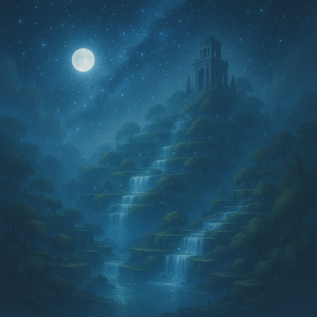 funfungen's tweet image. 🌌霧星の階庭都市　
星の霧が流れる夜、段庭を伝い落ちる光の滝が静寂を潤す。空と水面が溶け合う街。
#幻想風景 #階庭都市 #星霧