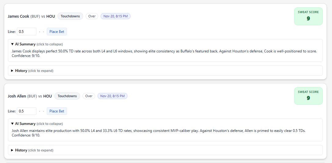SweatAnalytics's tweet image. Buffalo Bills @ Houston Texans

Davis Mills OVER 7.5 Rushing Yds
Nick Chubb OVER 19.5 Rushing Yds
Tyrell Shavers UNDER 24.5 Receiving Yds
Jayden Higgins OVER 2.5 Receptions
Dalton Schultz OVER 4.5 Receptions
James Cooks ANYTIME  TD
Josh Allen ANYTIME TD