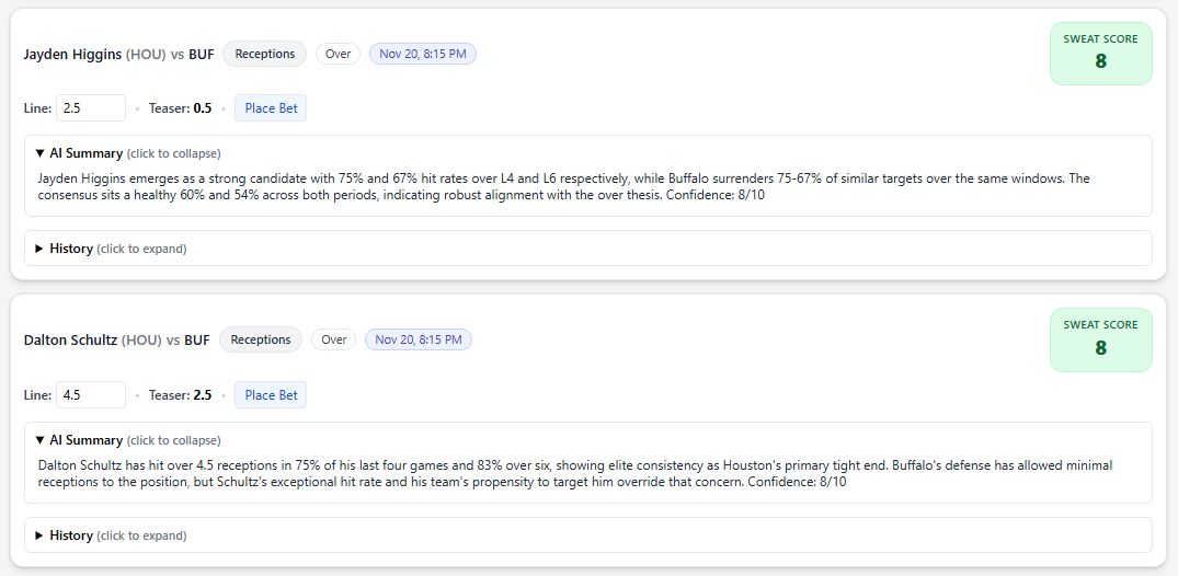 SweatAnalytics's tweet image. Buffalo Bills @ Houston Texans

Davis Mills OVER 7.5 Rushing Yds
Nick Chubb OVER 19.5 Rushing Yds
Tyrell Shavers UNDER 24.5 Receiving Yds
Jayden Higgins OVER 2.5 Receptions
Dalton Schultz OVER 4.5 Receptions
James Cooks ANYTIME  TD
Josh Allen ANYTIME TD