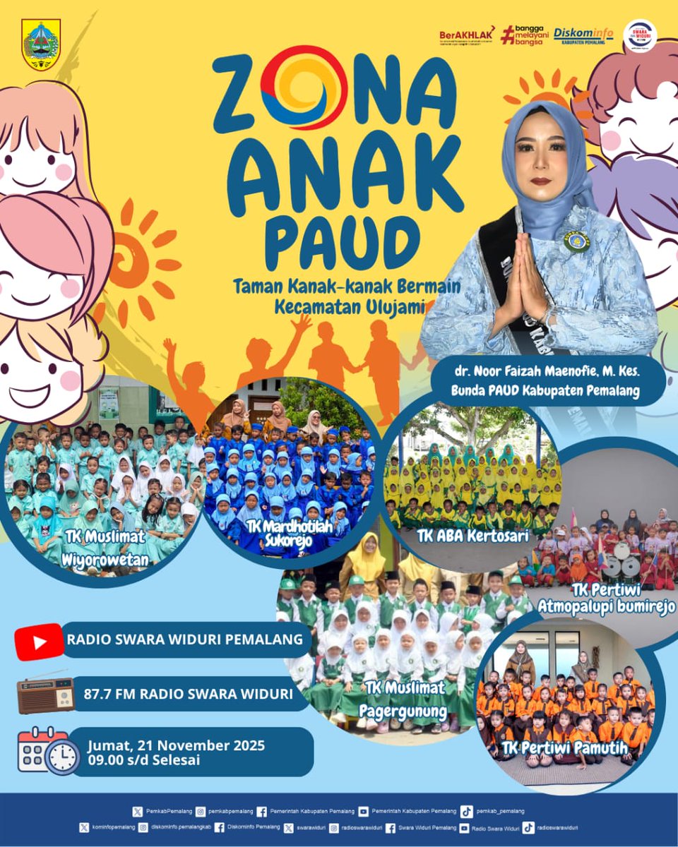 Hallo Sahabat Widuri..
Zona PAUD akan kembali hadir ya
Akan ada penampilan dr teman2 perwakilan TK di Kecamatan Ulujami dg berbagai penampilan menarik😍
🗓️Jumat, 21 November 2025
🕟09.00
Program ini bisa di simak melalui 87'7 FM dan youtube Radio Swara Widuri Pemalang ya!