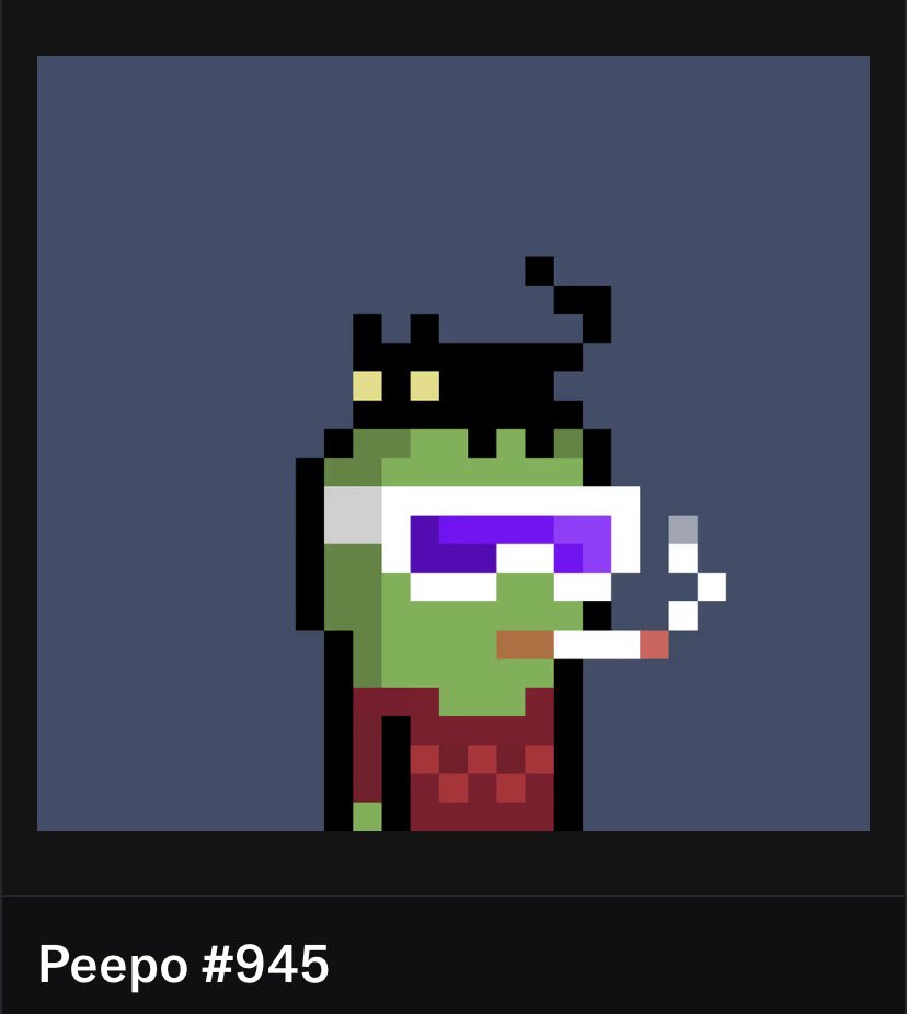 CripdoeCrypto's tweet image. I started off minting my first NFT @peepo_nfts 🐸 and now I have an NFT collection I’m building. Here’s a few of my favorites and my opensea link 👾✅🔥

opensea.io/0xba565cb05de8…