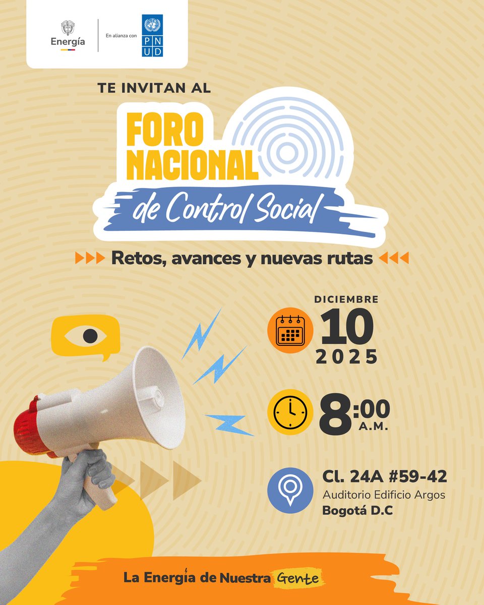 Te invitamos al Foro Nacional de Control Social!

Para el gobierno de <a href="/petrogustavo/">Gustavo Petro</a> es importante la participación ciudadana, por eso desde el <a href="/MinEnergiaCo/">Minenergía</a>, en cabeza de <a href="/PalmaEdwin/">Edwin Palma Egea</a>, queremos que seas parte de este espacio donde socializamos retos, avances y nuevas rutas.