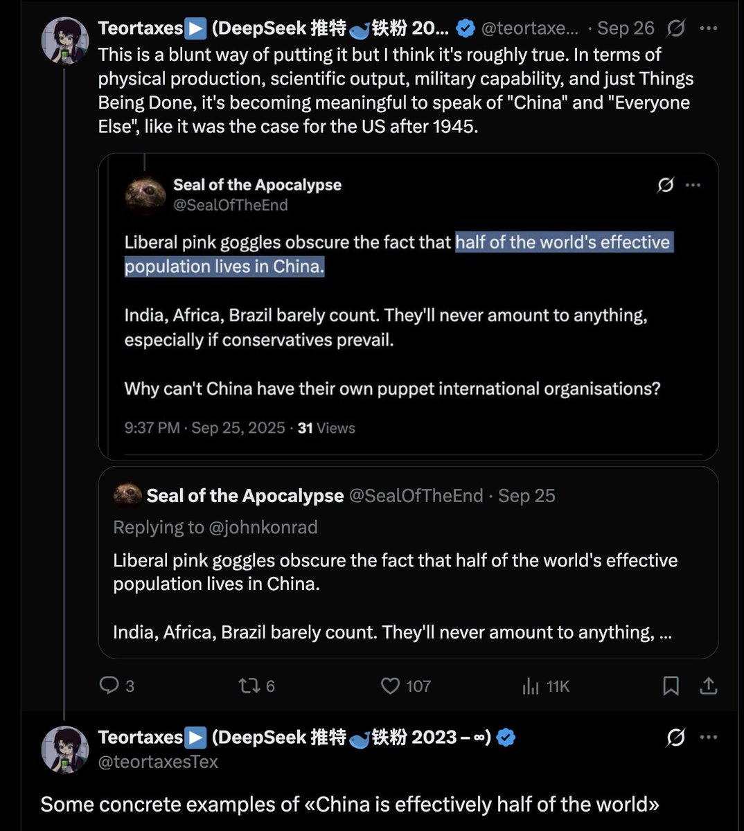 再次提醒
就对外声望/“软实力”而言，中国只占世界人口的5%左右；一些中等规模、已经过气的欧盟“康斯坦”都比它强。所以，我如此关注中国或许会显得有些奇怪。
但从某种意义上说，他们占世界“有效人口”的一半。