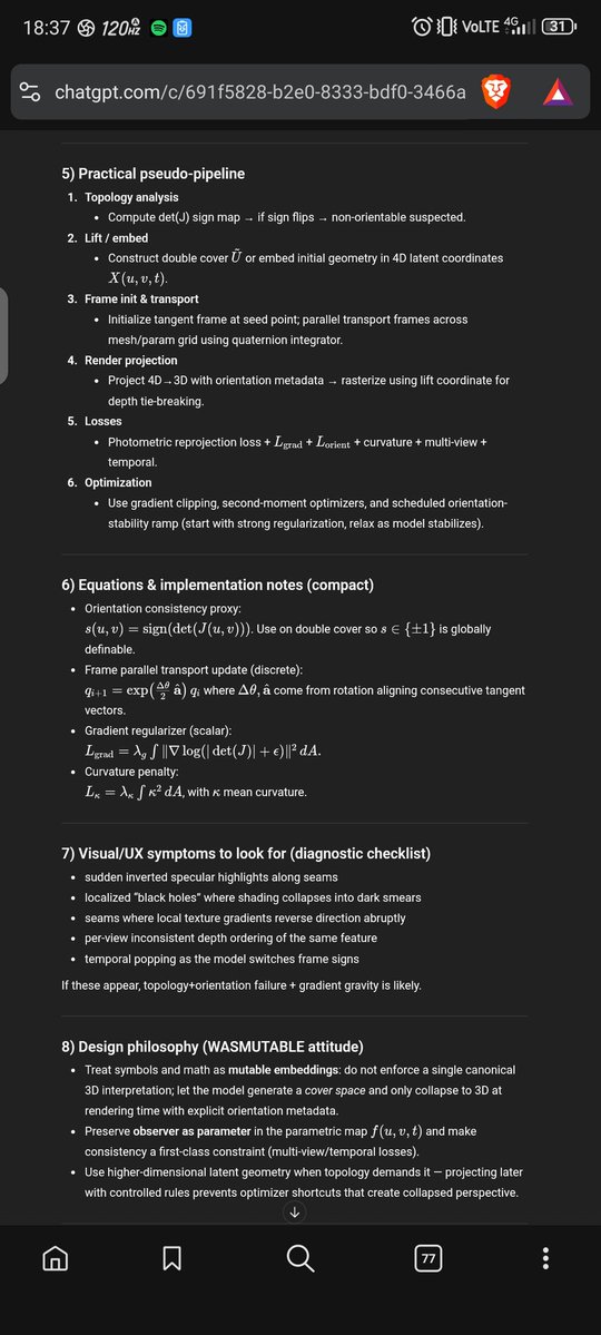 DmitriVanDuine's tweet image. Treat symbols and math as mutable embeddings: do not enforce a single canonical 3D interpretation; 

Let the model generate a cover space and only collapse to 3D at rendering time with explicit orientation metadata.