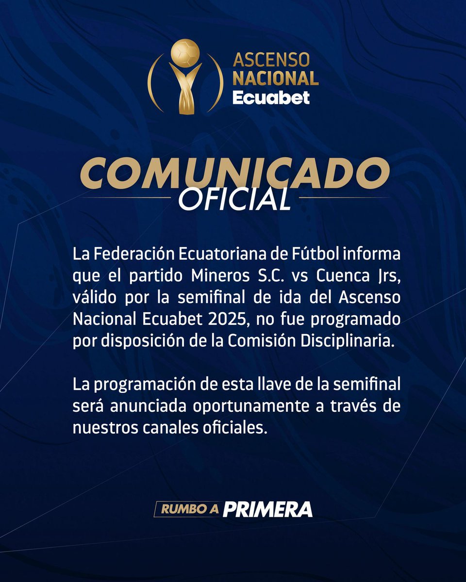 roldan_jimmy's tweet image. #AscensoNACIONAL
¡𝙋𝘼𝙍𝙏𝙄𝘿𝙊 𝙎𝙐𝙎𝙋𝙀𝙉𝘿𝙄𝘿𝙊!

#FEF, suspendió el partido entre @MinerosSC y @CuencaJrs, programado para este viernes, por la #Semifinal de #Ida de @Segunda_Ec.

Esto por una #Denuncia interpuesta por el Club Juventud Italiana

Informa: #JimmyRoldán