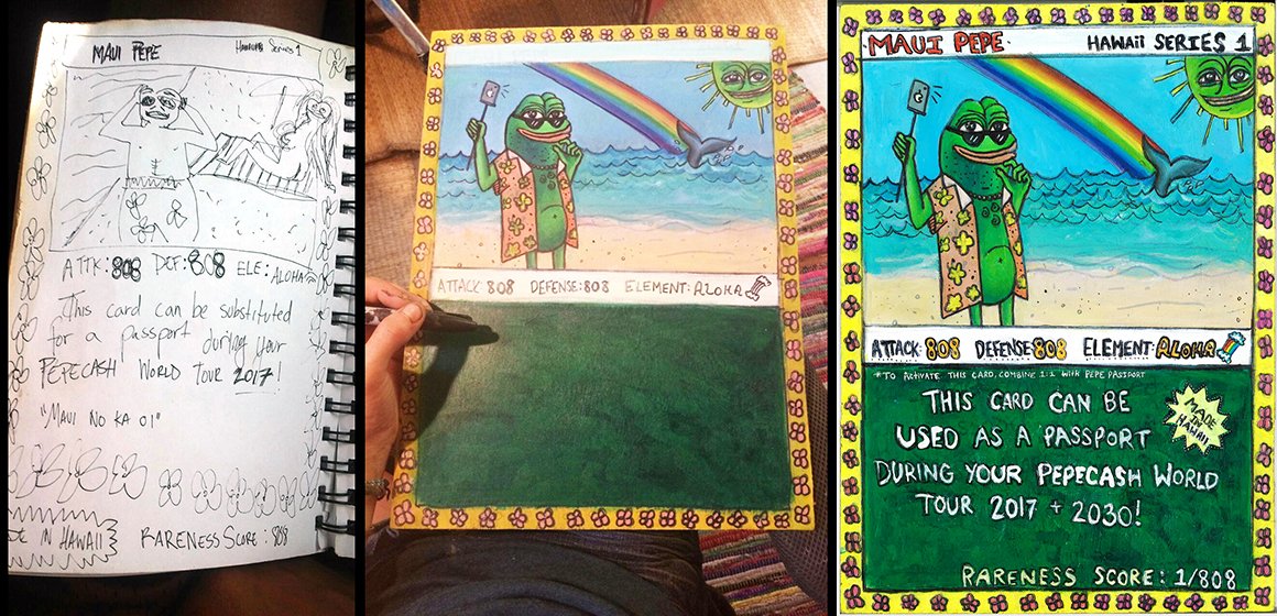 Today's Rare Pepe Lore Lesson™️ is Series 21, Card 23 - MAUIPEPE. The creator of the card is Luis Rivera (<a href="/impossibleartif/">IMPOSSIBLE ARTIFACTS (DRAINED)</a>). This is a 1/808  card with a floor price of .0444 BTC ($4,088 USD). There are 77 wallets holding this card. The largest one has 49% of the total supply