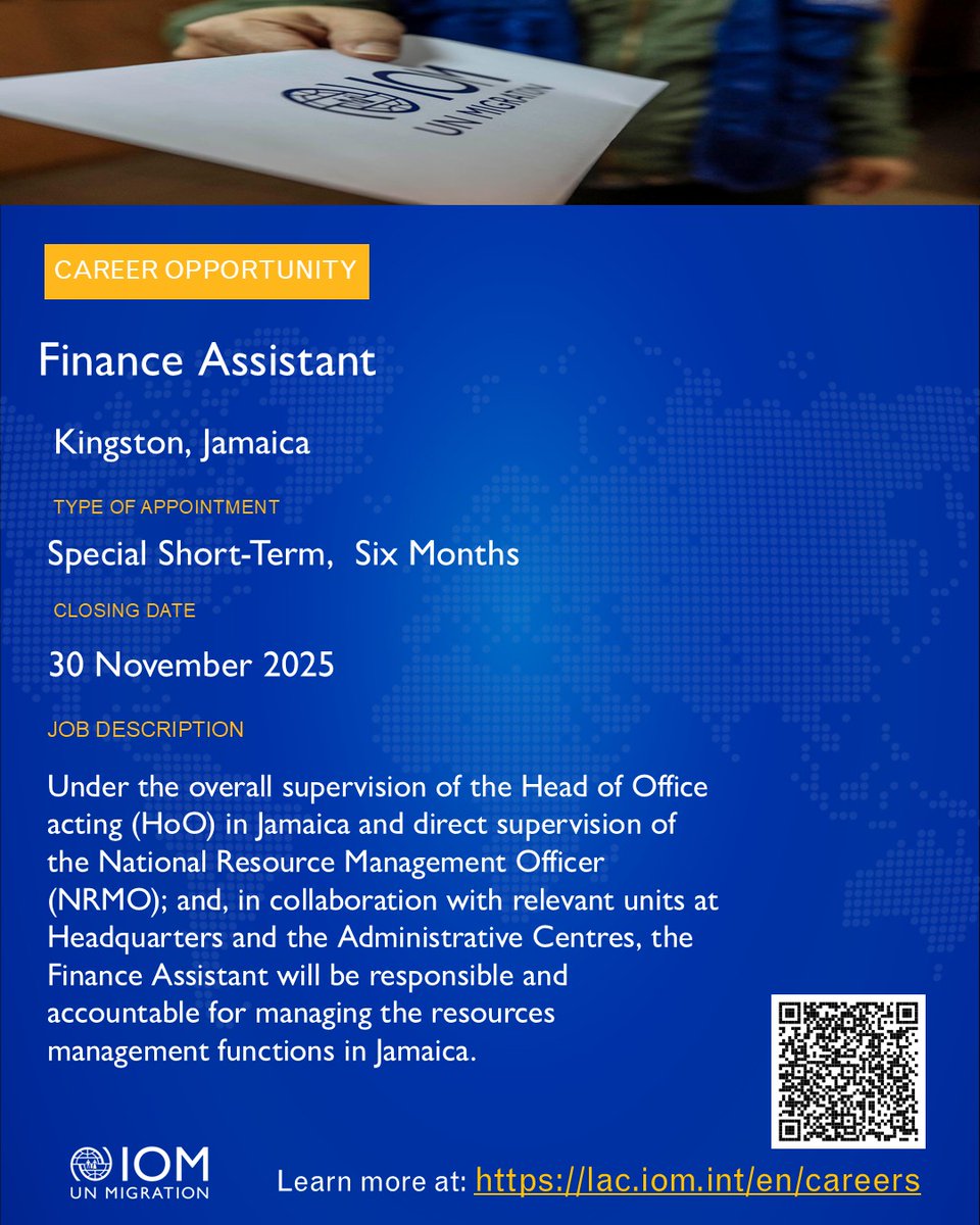 IOM is hiring!!!  #FinanceAssistant needed.  Application deadline 30 Nov. #VACANCY #JamaicaJobs