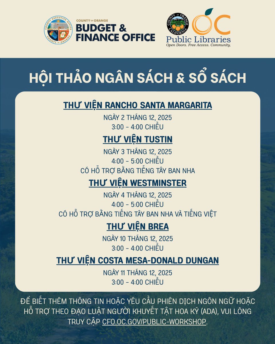 OCGovCA's tweet image. 💰📚 Chuỗi Hội Thảo “Ngân Sách &amp;amp; Sổ Sách”: Khám Phá Cách Ngân Sách Quận Hoạt Động

Miễn phí và mở cửa cho công chúng

ℹ️ Để biết thêm thông tin, vui lòng truy cập trực tuyến tại: cfo.oc.gov/public-workshop
-
#OrangeCountyCA #OCGov #PublicWorkshops #BudgetandFinance