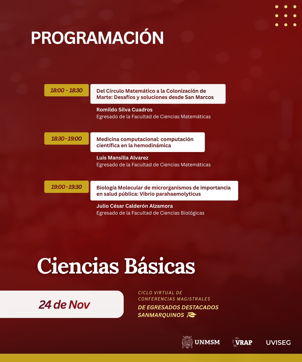 BioUNMSM's tweet image. 🎓✨ Ciclo de Conferencias Magistrales de Egresados Destacados Sanmarquinos 
📚 El  24 de noviembre – Ciencias Básicas
🕕 18:00 – 19:30 h
Ponente: Julio calderón Alzamora. Egresado de la facultad de Ciencias Biológicas