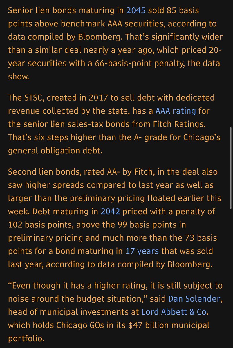 StuLoren's tweet photo. I can’t begin to explain how horrible this is. Again, this was for AA/AAA-rated secured debt. When the city sells its unsecured general obligation bonds it risks paying a 175-225 bp premium to AAA benchmark in terms of interest costs. Could mean 6% + debt for 20-30 year bonds. https://t.co/zdpErQoHBy