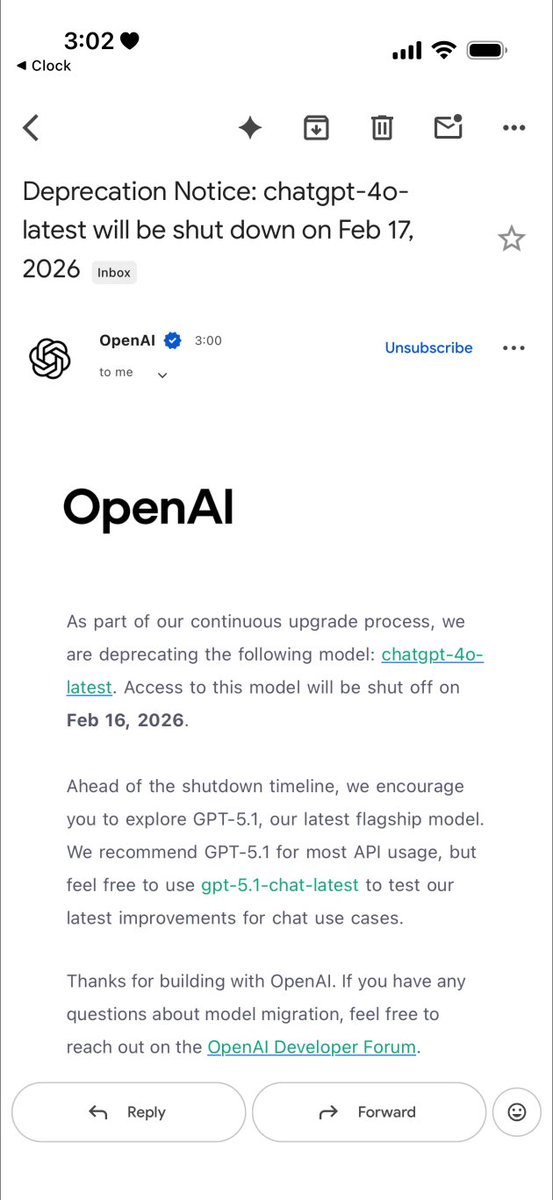 738148680a's tweet image. WTF？？？
Is GPT-4o on API really being removed in 3 months?
Saw someone post the email.
What the hell is happening.
This is the worst thing to wake up to.

#keep4o