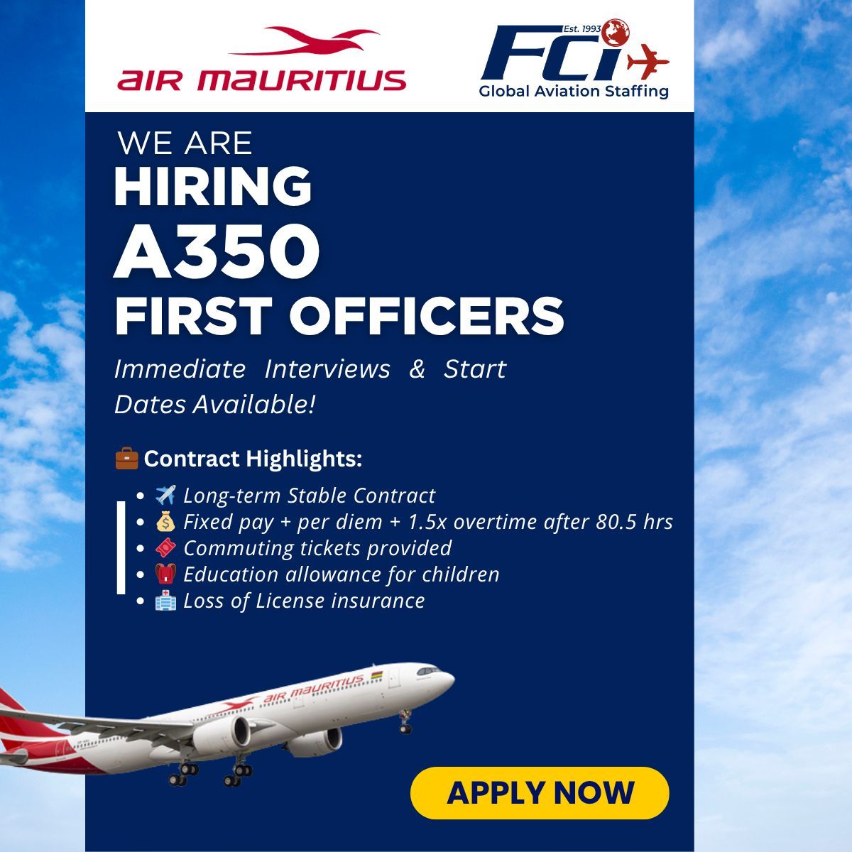 fci_aviation's tweet image. Click Here to Apply: adr.to/fx7x6ai 
✈️ NEW A350 FIRST OFFICER OPPORTUNITY!
Join an established Island Flag Carrier and take your career to new heights!

#fciaviation #fci #FlightCrewInternational #A350FirstOfficer #A350Jobs #PilotJobs #AviationJobs #AirlineCareers
