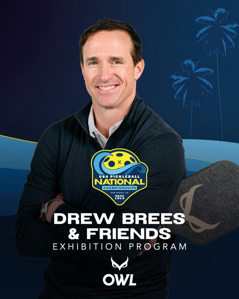 USAPickleball's tweet image. 🌴 @drewbrees is coming to Nationals!

The former NFL QB and friends will play an exhibition match presented by OWL Sport on Championship Court at the Barnes Tennis Center.

Join us tomorrow in person or watch live on @qvchsnplus.

🗓️ Fri, Nov 21  ⏰ 2 PM 📍 San Diego