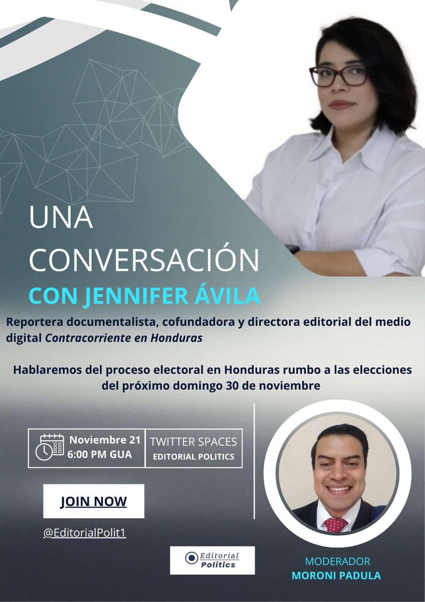 Los invitamos a sintonizar el Space donde nos acompañará Jennifer Avila, periodista hondureña y directora del medio independiente Contracorriente, Su mirada crítica es fundamental para entender el contexto que rodea las elecciones presidenciales del domingo 30 de noviembre.
