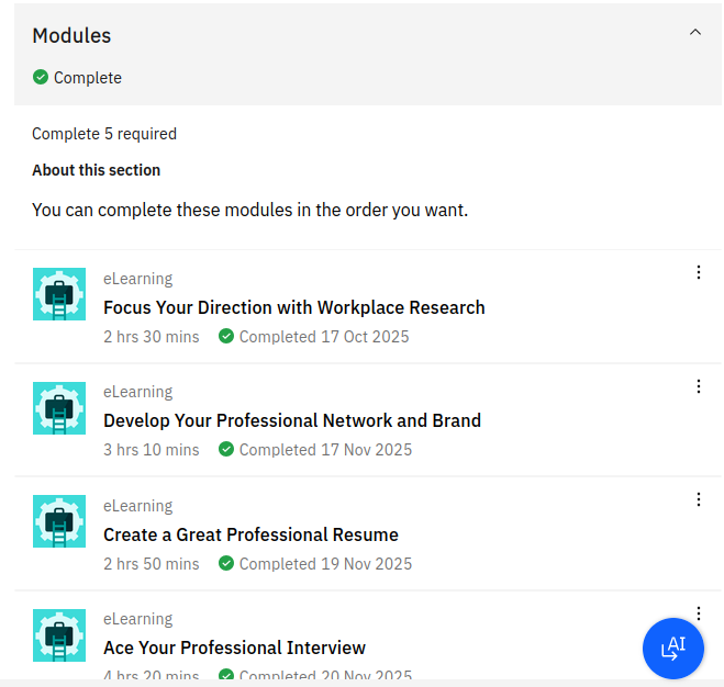 fit_nr's tweet image. 5 modul Career Management Essentials dari IBM SkillsBuild baru selesai dipelajari.

Materinya ngebantu banget untuk siapa pun yang baru mau mulai melangkah ke dunia kerja.
Mulai dari arah karier, personal branding, resume, sampai latihan interview.
#IBM #dicoding #pijakdicoding