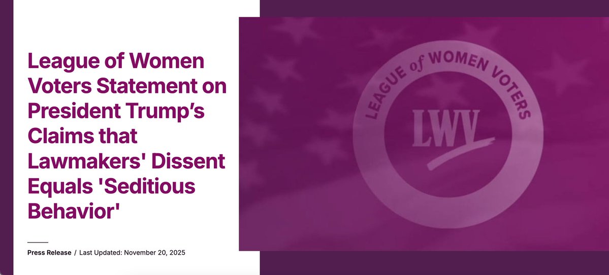 The President’s suggestion that lawmakers should face death for upholding the rule of law is not rhetoric; it’s an authoritarian threat. No functioning democracy punishes dissent with death.

While he escalates chaos, the <a href="/LWV/">League of Women Voters of the US</a> is strengthening democracy.

lwv.org/newsroom/press…