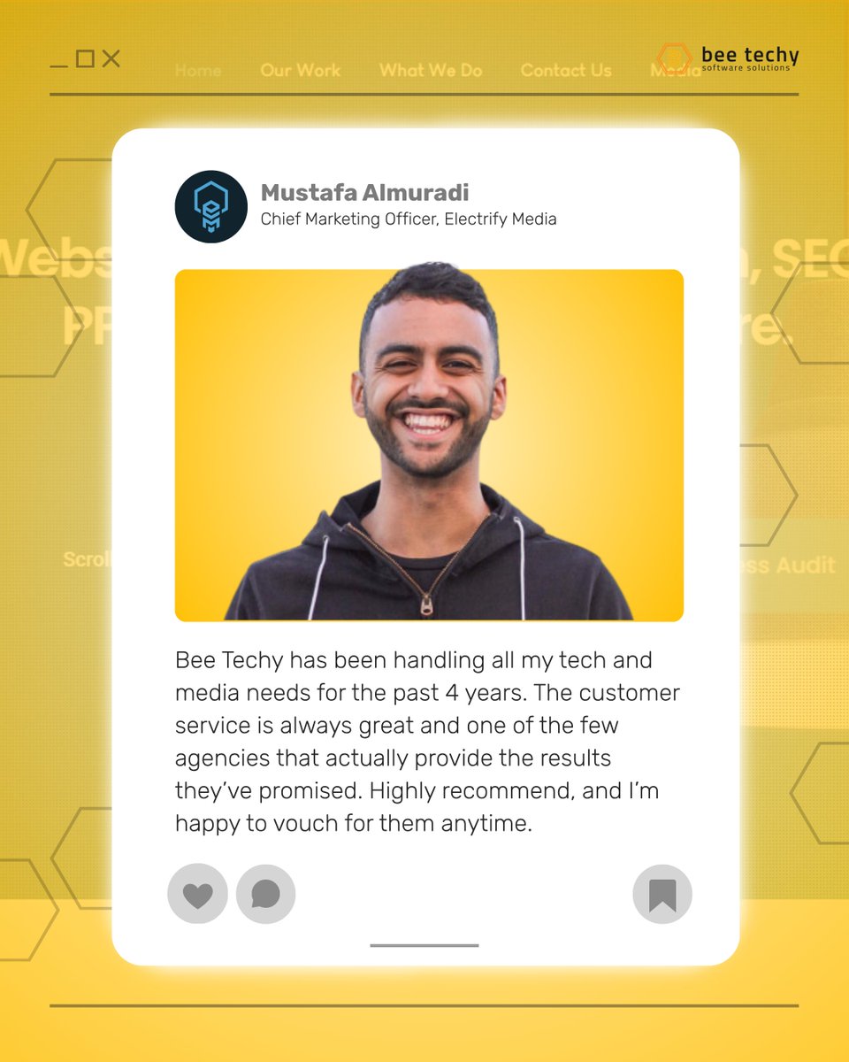 beetechyllc's tweet image. 4 years. One trusted partner. Endless results. 🐝

Honored to support Electrify Media with expert, reliable service that delivers what we promise.

💡 Build your next success: beetechy.com/get-quote/

#BeeTechy #ClientSuccess #TechPartner