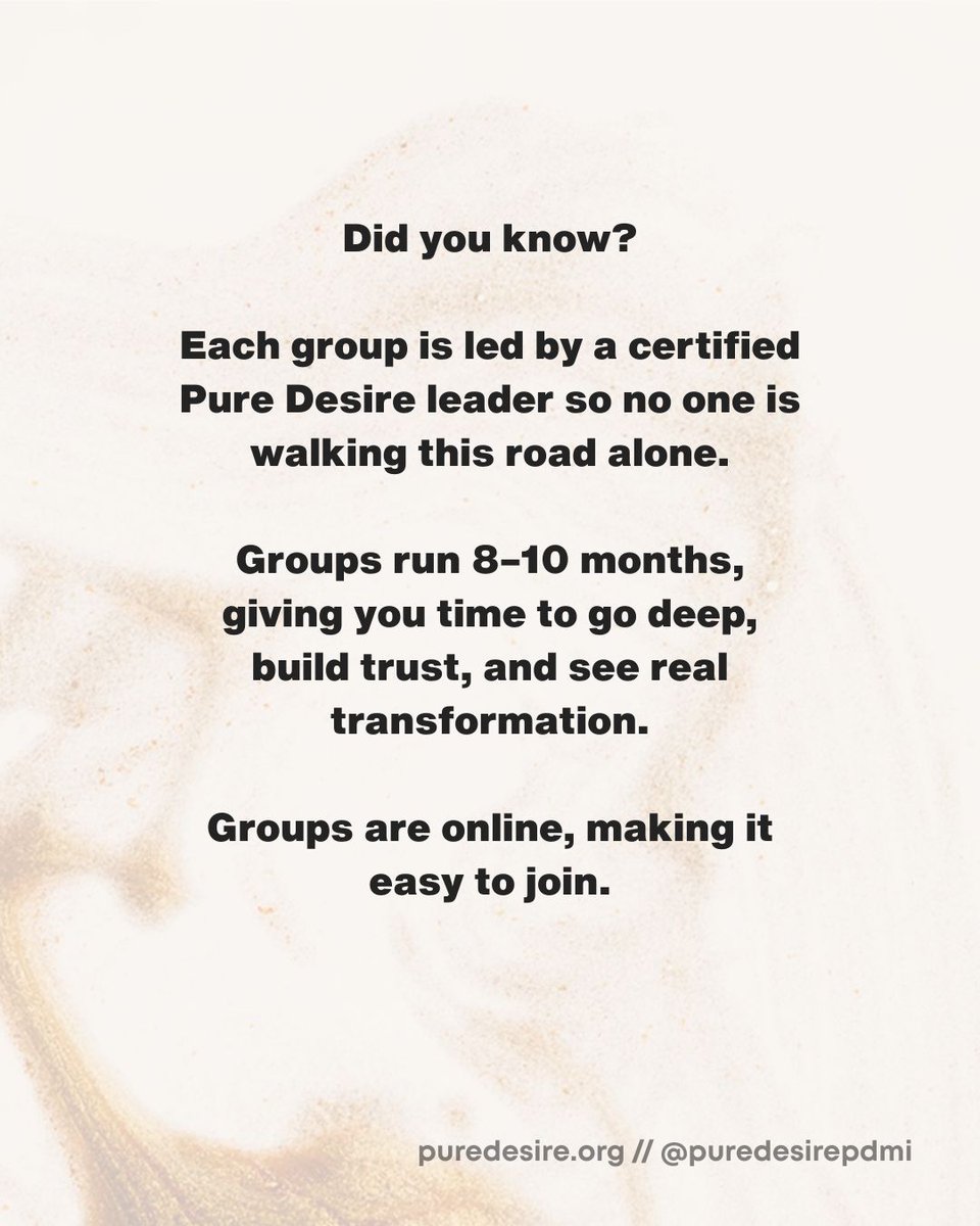 PureDesirePDMI's tweet image. Online groups are:
✅led by a Certified Pure Desire group leader.
✅fee-based for quality assurance.
✅approximately 8-10 months.
#endaddiction #betrayaltraumarecovery