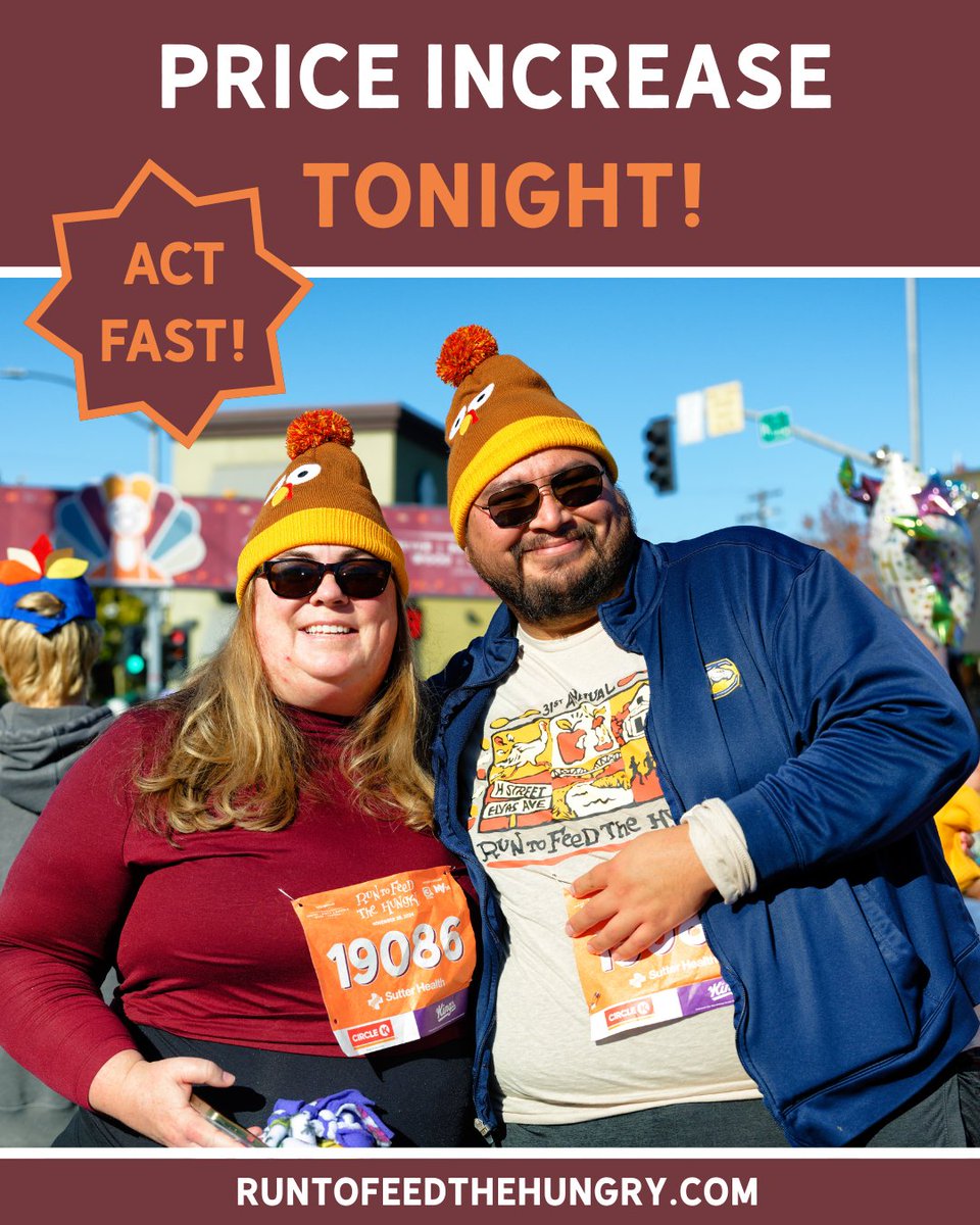 Thanksgiving is less than a week away, and prices go up when the clock strikes midnight TONIGHT. What are you waiting for?! 

Sign up now to secure your spot and your savings: runtofeedthehungry.com