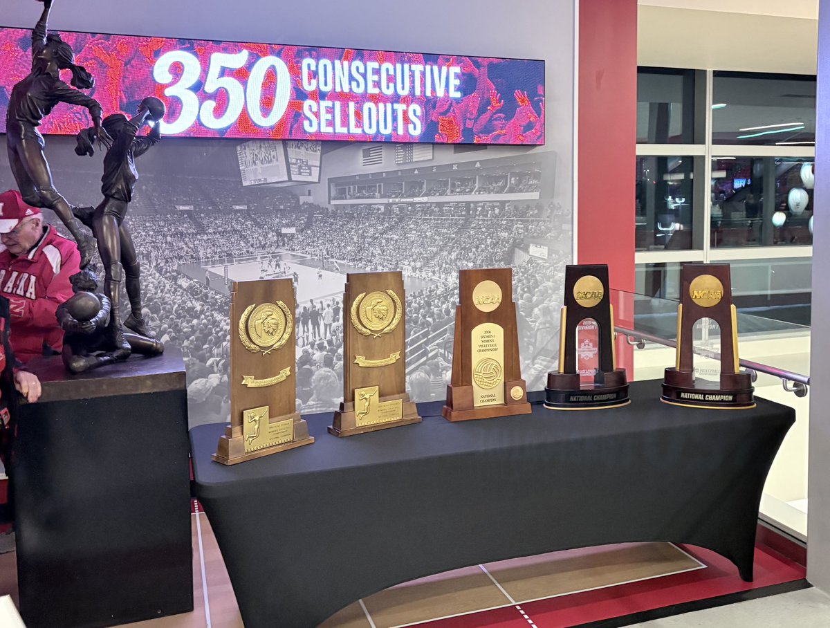 The trophies are out! It’s a special night at John Cook Arena as the Huskers are celebrating their 350th consecutive home sellout, a streak which dates back to 2001.