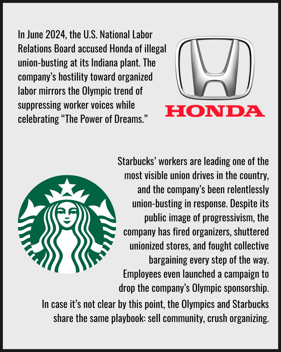 NOlympicsLA's tweet image. Fair Games LA and the Starbucks Workers Union recently posted that Starbucks hasn’t “earned the privilege” of being an Olympic sponsor, given the company’s well-documented union-busting practices. It’s clear to us that they align perfectly