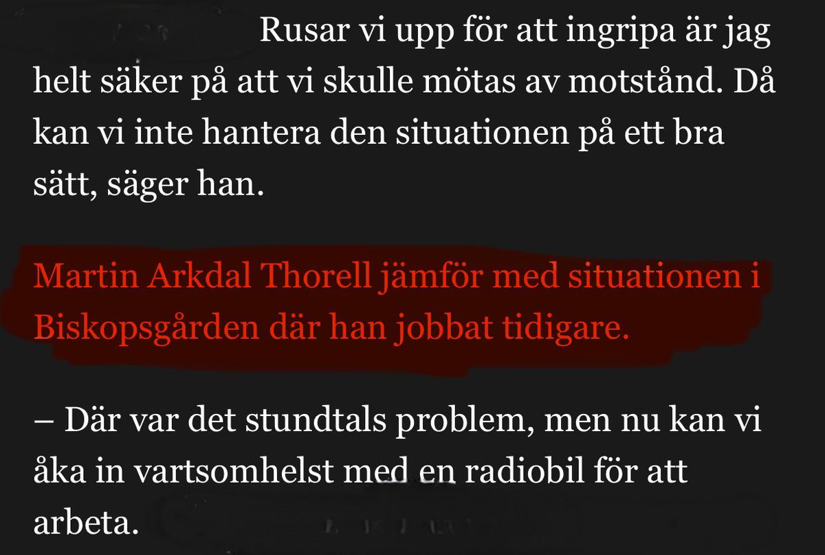 <a href="/Martinhemlig/">Martin Arkdal</a> <a href="/BBpodd/">BBpodd</a> <a href="/BBPatrik/">Patrik Glimberg</a> Det är väl exakt här då som du jämför situationen på läktaren med situationen i Biskopsgården… 🔎

I Biskopsgården blev ju som alla vet en polis skjuten till döds, vilket såklart är fruktansvärt och DJUPT tragiskt - men vilket också gör din parallell helt absurd.