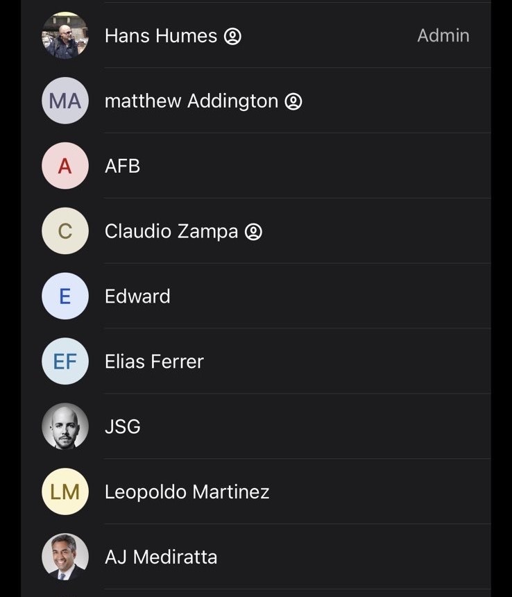 HRF's tweet image. 6/ @cartajuanero’s involvement with Humes includes membership in a group chat on @Signalapp where @hanshumes serves as the “Admin.” This group (composed mostly of bondholders) reveals an ongoing, coordinated effort to advocate for the removal of U.S. sanctions against Maduro.