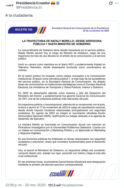 alfredovelazco's tweet photo. Varias decenas de cuentas anómalas usan el hashtag #ContigoNataly y se articulan en un post de la Presidencia, impulsando inorgánicamente el nombramiento de Nataly Morillo como Ministra de Gobierno
https://t.co/AqtPXRs4HW https://t.co/mL1bioLoIV