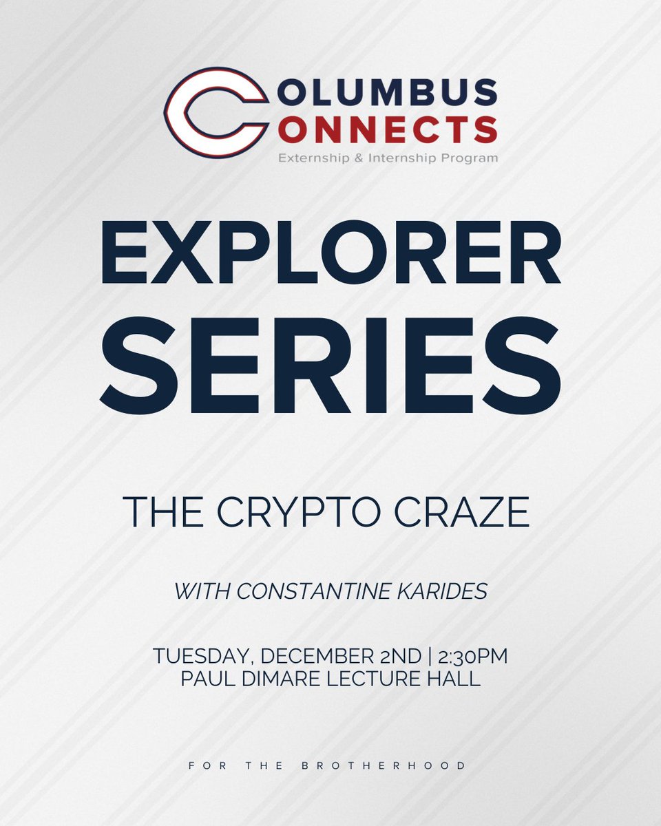 ColumbusHS_Mia's tweet image. 🚀 Explorer Series: The Crypto Craze
📅 Tue, Dec 2 ⏰ 2:30–3:30 PM
📍 DiMare Family Lecture Hall

Join us + guest speaker Constantine Karides of Reed Smith to explore crypto, digital assets, and the future of finance—no experience needed. Open to ALL students. #CPride #Adelante