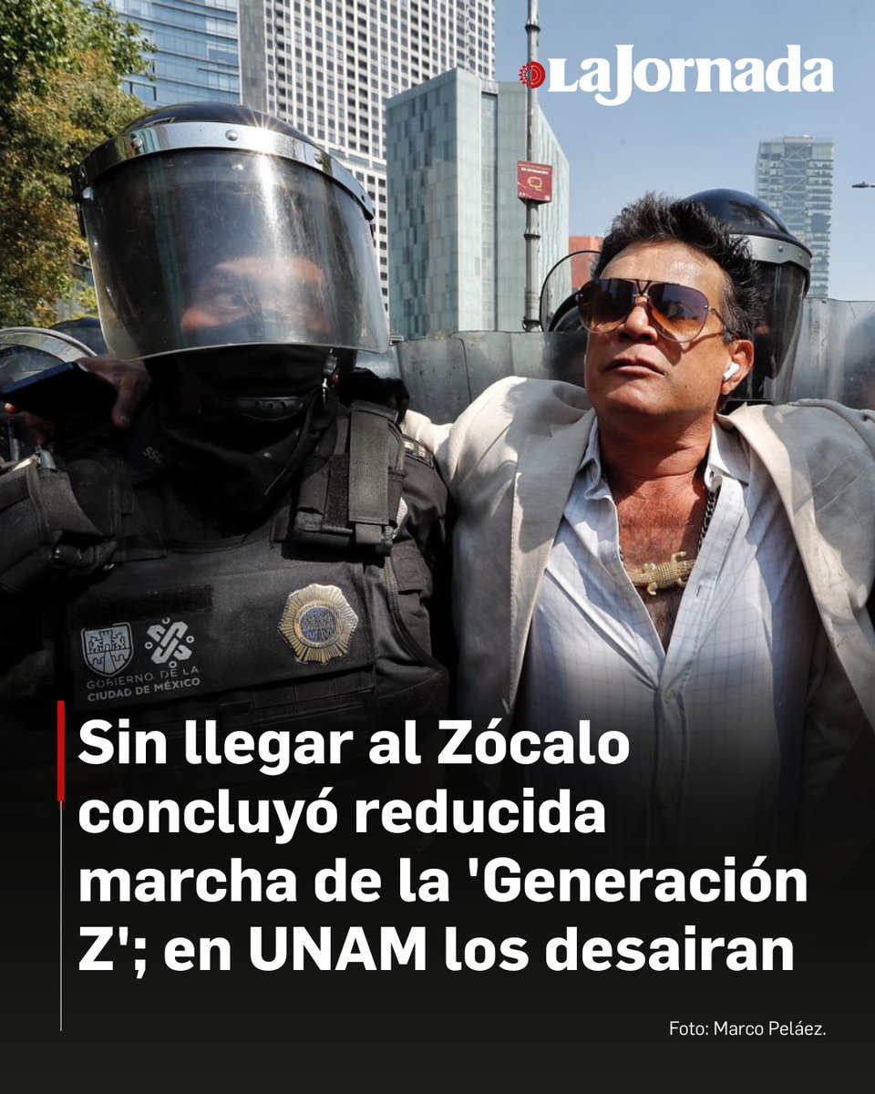 lajornadaonline's tweet image. La denominada marcha &quot;Generación Z&quot; reunió apenas a un centenar de personas. El contingente, integrado primariamente por adultos, se detuvo antes del Zócalo. Mientras que en la UNAM el desaire estudiantil fue total: no hubo concentración alguna en el mural de la Biblioteca…