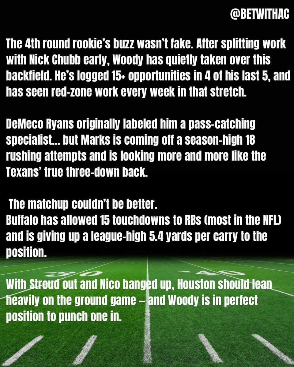 BetWithAC's tweet image. TNF BEST BET????
Woody Marks looks like he has taken over the RB1 role and faces the best rb matchup of his season so far…