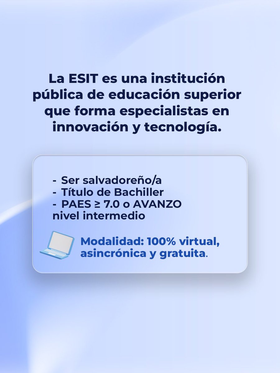 Innovacion_SV's tweet photo. 📢 Convocatoria TSU 01-2026 – ESIT
Formación superior gratuita en tecnología para talento salvadoreño.
Aplicá y construí tu futuro profesional.
Para más información: https://t.co/GEfgKqxHSL https://t.co/FSp9lykRWZ