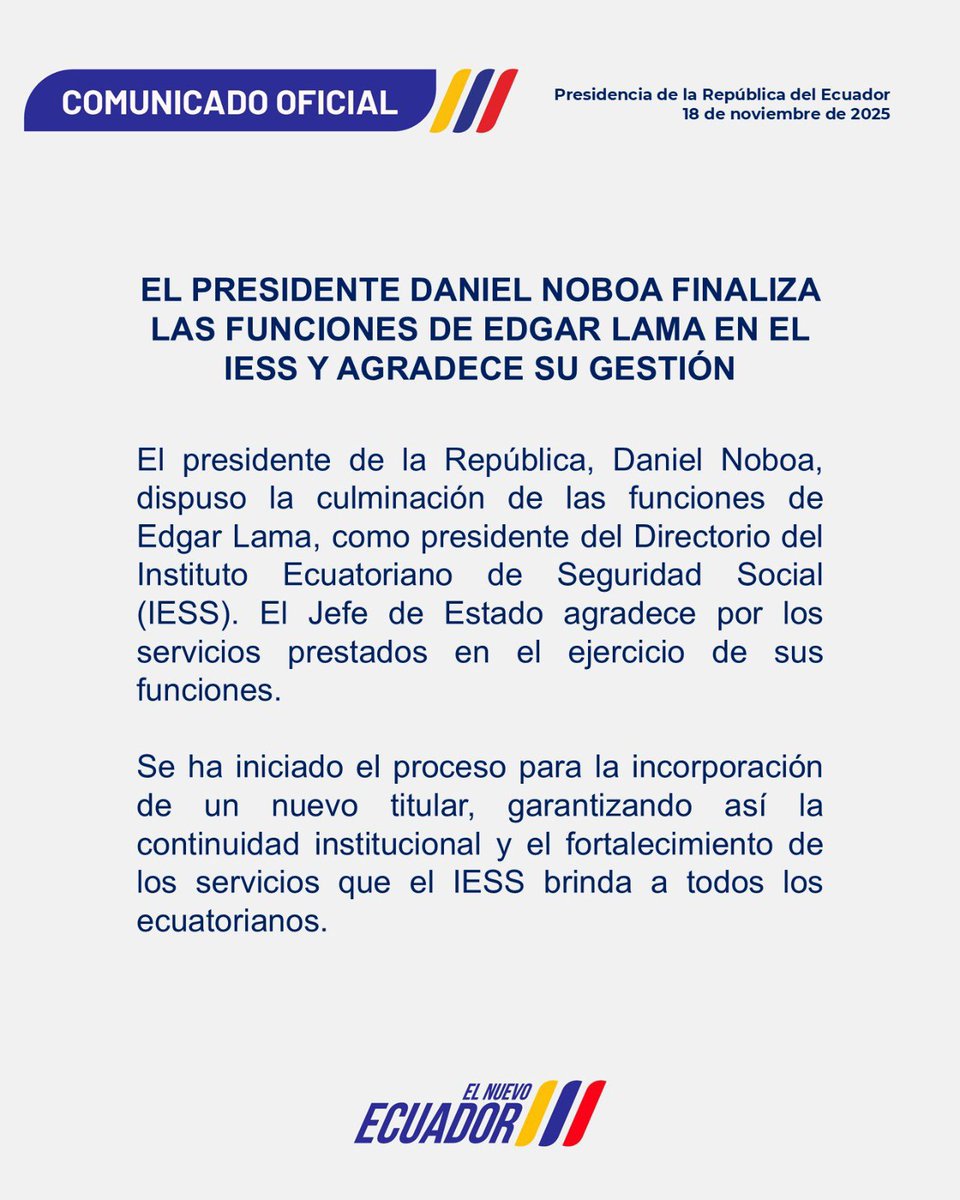🟣 EDGAR LAMA SIGUE EN EL IESS.

Aunque el Gobierno de <a href="/DanielNoboaOk/">Daniel Noboa Azin</a> y <a href="/Edgarjoselama/">Edgar José Lama</a> anunciaron su salida del <a href="/IESSec/">IESS</a> hace 2 días, él sigue despachando como presidente del directorio. 
👉🏻 Su gestión también está marcada por denuncias.