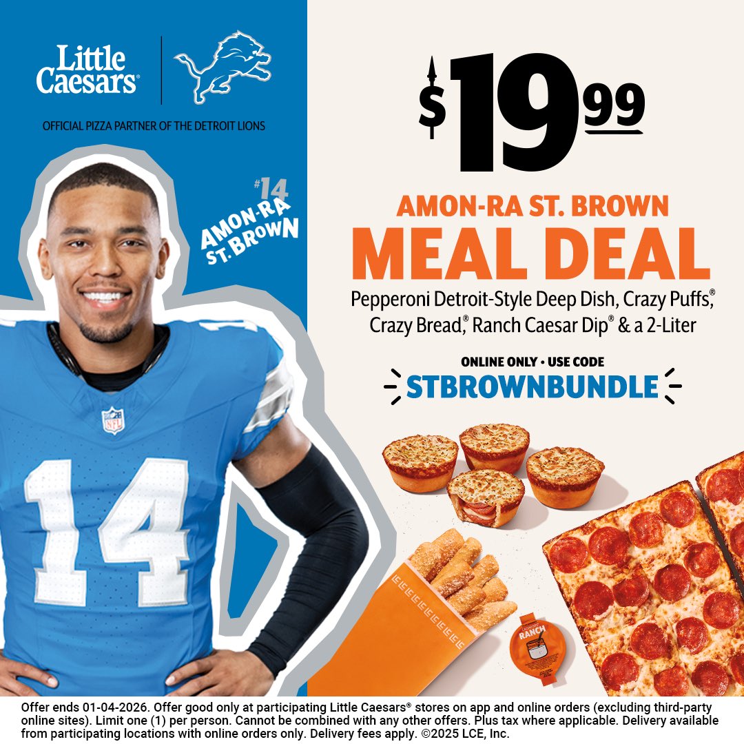 amonra_stbrown's tweet photo. My Meal Deal from @littlecaesars is loaded! Use the link below with code STBROWNBUNDLE and add all my favorites to save.
•Pepperoni Detroit-Style Deep Dish
•Crazy Puffs
•Crazy Bread
•Ranch Caesar Dip
•Any 2-Liter 

https://t.co/WI2Ub7QhzR https://t.co/VxOYWjPfBI