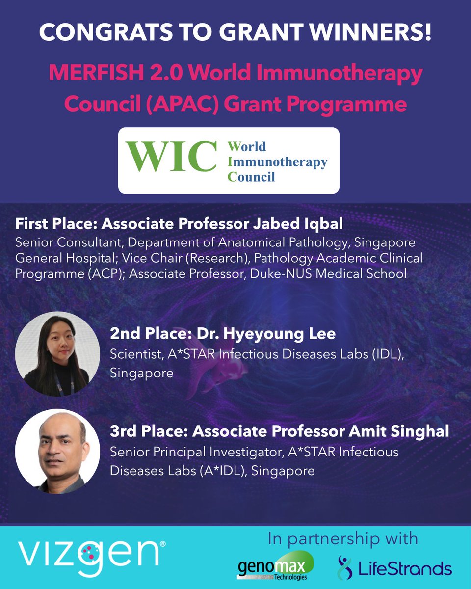 vizgen_inc's tweet image. Congrats to the winners of the MERFISH 2.0™ World Immunotherapy Council (APAC) Grant Programme, presented w/ @GenomaxTech &amp;amp; LifeStrands Genomics! 
 
These researchers are pushing the boundaries of #spatialtranscriptomics in immunotherapy. We&apos;re excited to follow their progress!