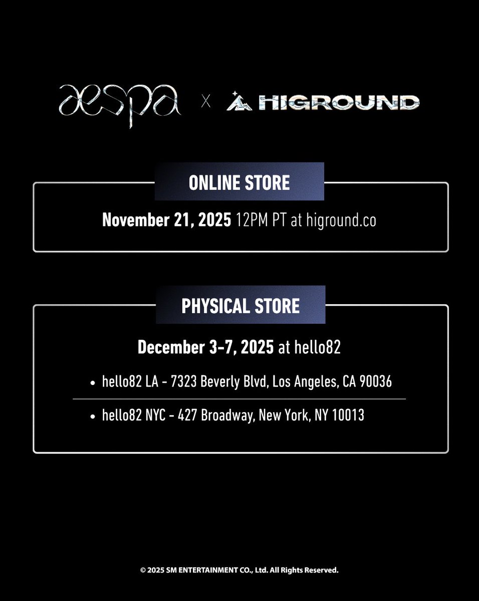 aespa x Higround Experience Zone

IN-STORE: We’ve partnered with <a href="/hello82official/">hello82</a> for this exclusive experience from December 3-7 at <a href="/hello82LA/">hello82 LA</a> and <a href="/hello82NYC/">hello82 NYC</a> 

ONLINE: The online release will be on Higround’s website starting November 21 12PM PT.