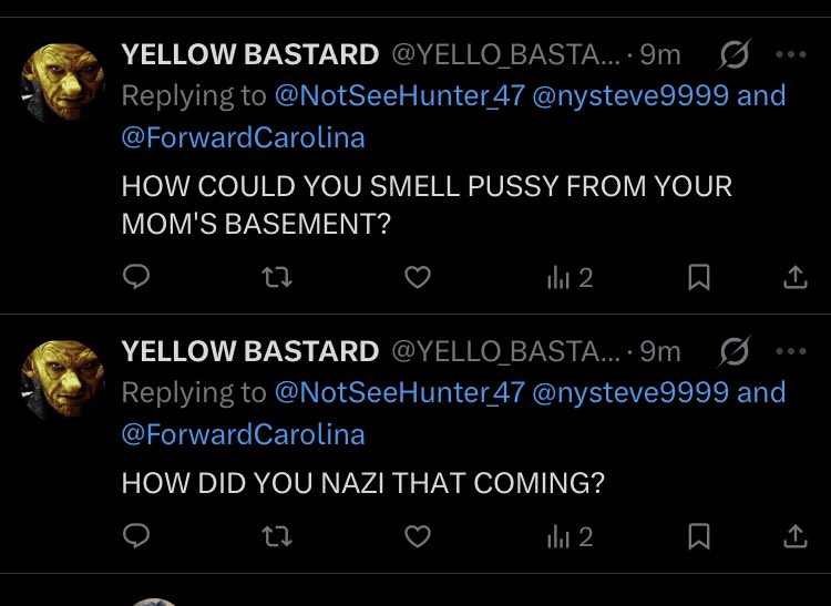 NotSeeHunter_47's tweet photo. @YELLO_BASTARD @nysteve9999 @ForwardCarolina MY BOTTOM BITCH COULDNT STAY AWAY FROM ME. 

THE NERD COMMENTS JUST TO BLOCK AGAIN…FUCKING LOVE IT

I DONT EVEN HAVE TO TAG HIM, HE IS COMING TO CHECK ANYWAYS https://t.co/7yUwbTCroO
