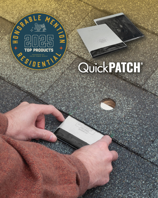 QuickBOLTsolar's tweet photo. Seals Roof Holes Quick! The QuickPATCH® wins Honorable Mention in Solar Power World's 2025 Top Products Awards in the residential balance-of-system category. Learn more about the QuickPATCH®: https://t.co/NSqJSIDsnV https://t.co/DUugPBGN8w