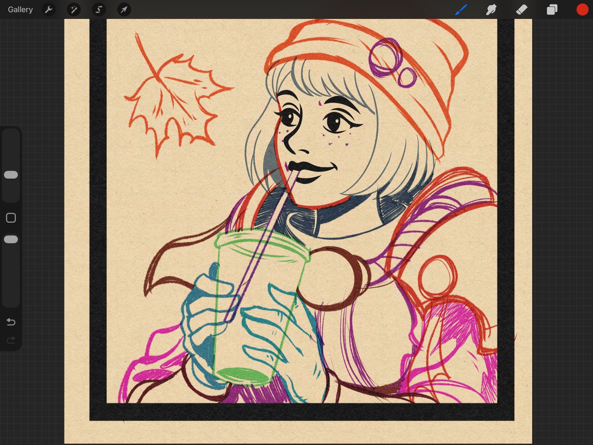AspirantLen's tweet image. My new apple pen tip feels a little weird from my last one and it’s throwing me off so I’m gonna call this illustration finished, Sister of Battle enjoying an iced coffee as Fall ends before returning to the horrors of war.