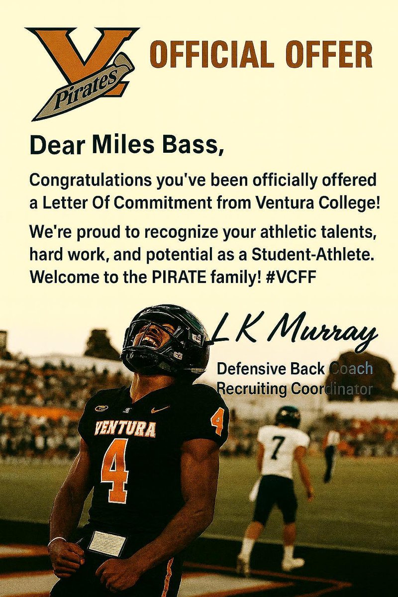 After a great phone call with <a href="/CoachLKMurray/">LaKeith Murray</a> I am blessed to earn and receive an offer from <a href="/VCPirateFB/">Ventura College Football</a> 
<a href="/GoArrows_FB/">Clinton Arrow Football</a> 
<a href="/hamer_morgan/">Hamer Morgan</a> 
<a href="/rowell_britt/">britt rowell</a> 
<a href="/PrestonHebert31/">Preston Hebert</a> 
<a href="/bjt601/">Coach BT</a> 
<a href="/tracelane7/">Trace Lane</a> 
<a href="/coach_Hoskins94/">Mark Hoskins</a> 
<a href="/CoachJayCole/">Jarvis J. Cole</a> 
<a href="/coachsidwells/">Sidney Wells 愛</a> 
<a href="/_CoachBarham_/">Barrett Barham</a> 
<a href="/Coach_Stanford/">Anthony Stanford</a>