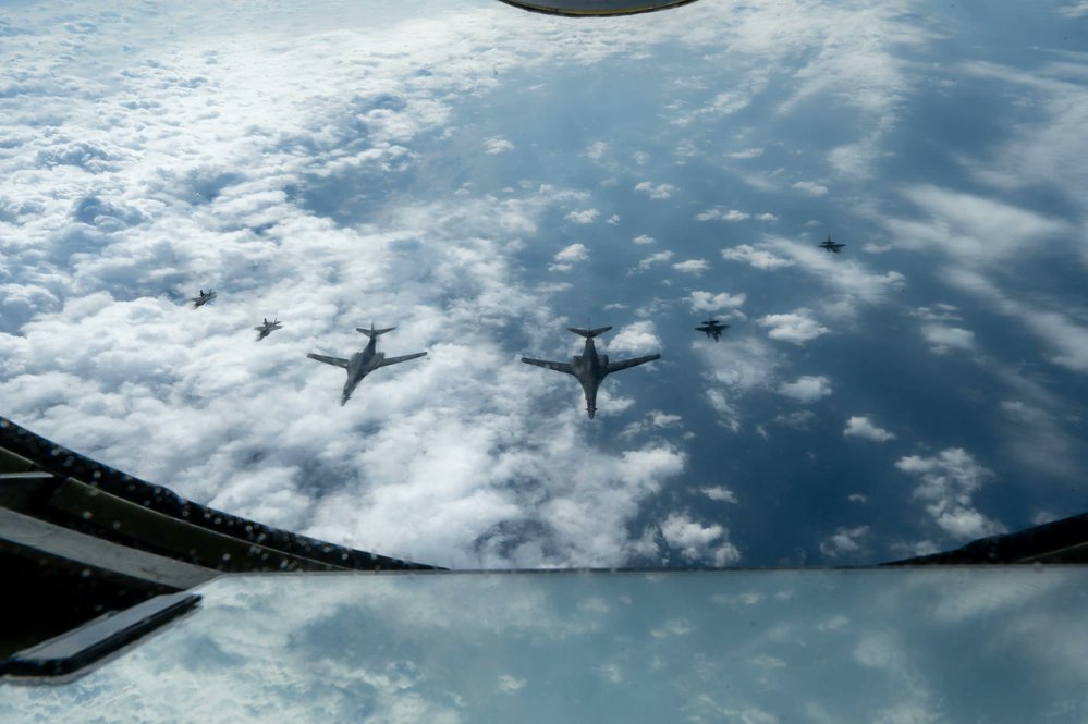 fighterlover9's tweet photo. U.S. Air Force F-35A Lightning II, assigned to the 4th EFS, and 356th EFS, B-1B Lancers assigned to the 9th EBS, and Japan Air Self-Defense Force F-2B fighter aircrafts, fly in formation behind a KC-135  assigned to the 909th ARS over the Pacific Ocean, Japan, Nov. 17 , 2025. https://t.co/S8QTMA4ikl