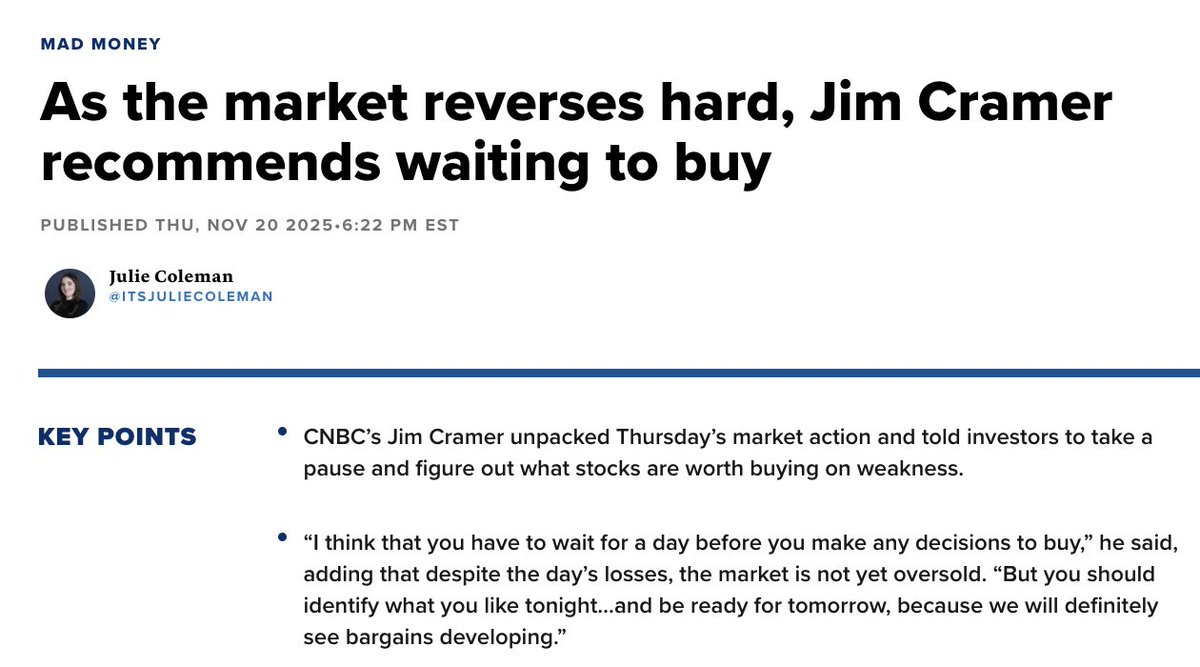 🔵MARKETEVANS: "Jim Cramer: Aspettare un giorno prima di acquistare, il mercato non è ancora ipervenduto"