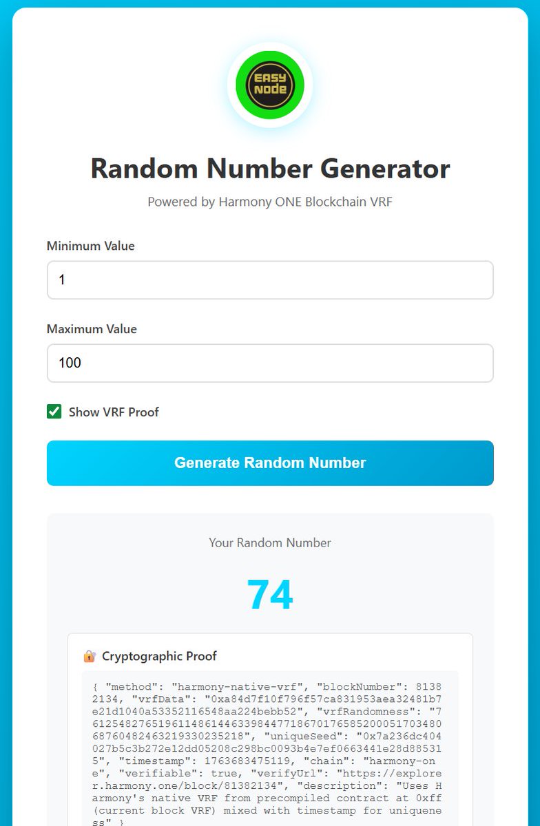 EasyNode's tweet image. 🎲 Introducing Our Harmony VRF Random Number Generator!

Need truly random numbers for your project?

Try our new blockchain-powered random number generator built on @harmonyprotocol&apos;s VRF (Verifiable Random Function).

🔗 Try it now: vrf.easynodepro.com