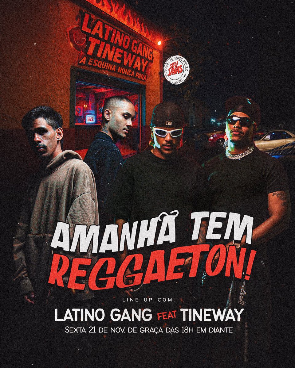 Amanhã o ritmo latino invade a esquina pela primeira vez. 🔥

Reggaeton na pista, Latino Gang x Tineway na conexão.
Preparem-se, porque essa collab é de milhões.