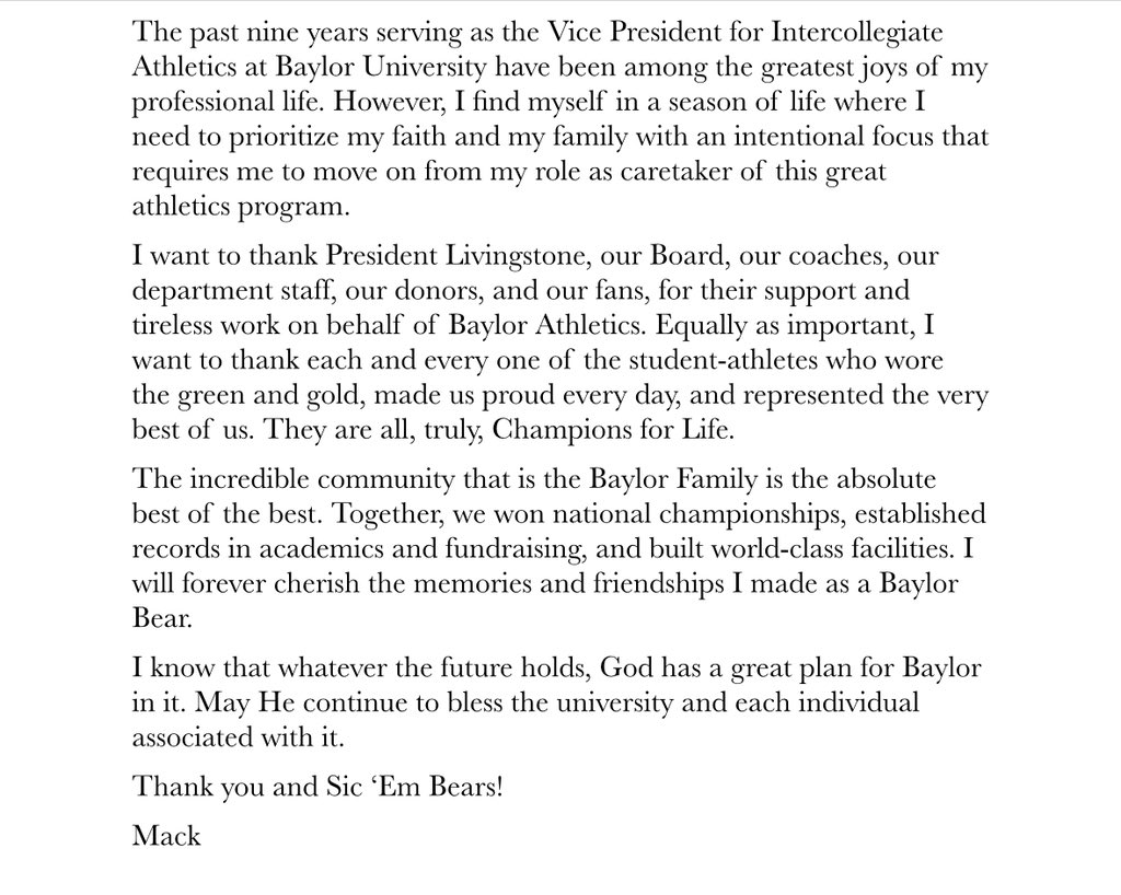 Here’s former Baylor AD Mack Rhoades’ letter addressing his tenure at Baylor. “I find myself in a season of life where I need to prioritize my faith and my family with an intentional focus that requires me to move on from my role as caretaker of this great athletics program.”