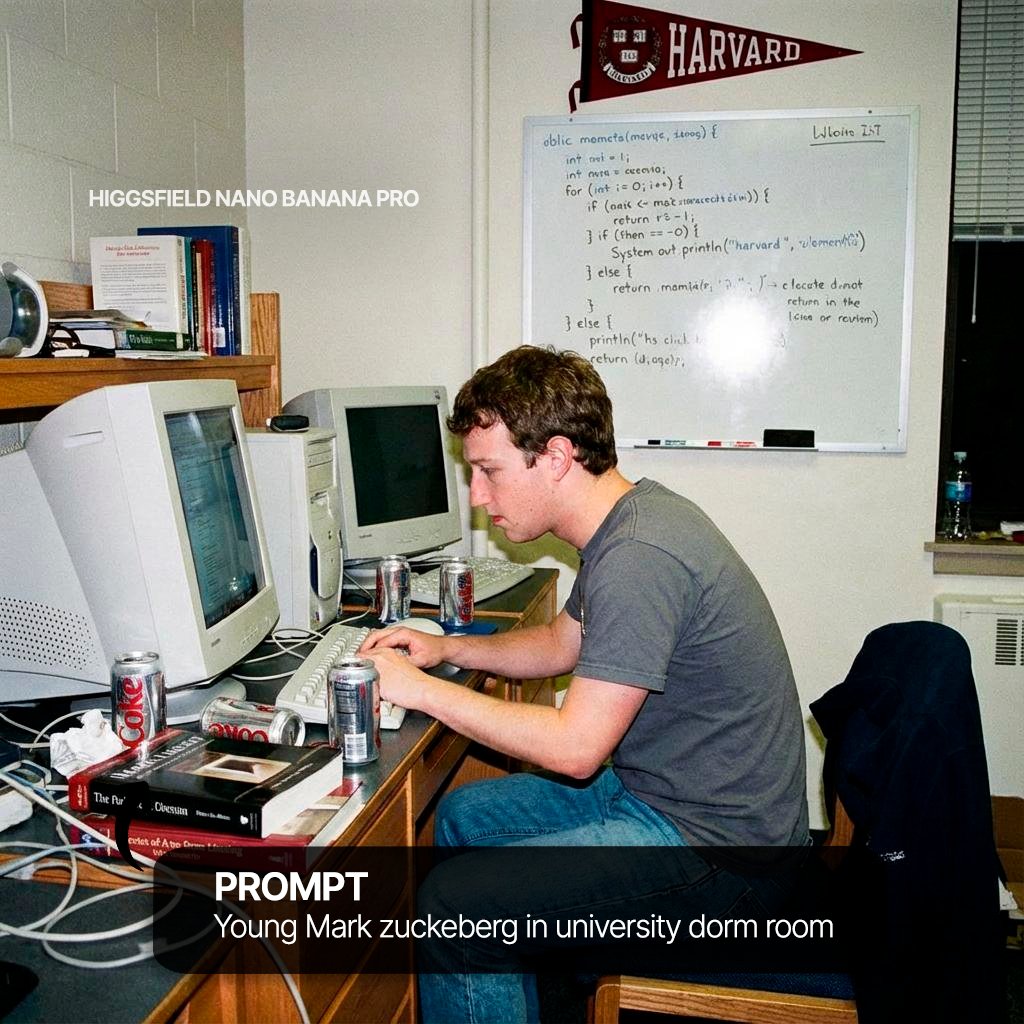 MaryFllr1234's tweet image. Before Facebook, there was this dorm room, late nights, and lines of code! 💻 Young Mark Zuckerberg&apos;s hustle captured in detail.
​For the next 72 hours ONLY, get 1 Year UNLIMITED Nano Banana Pro in 4K on Higgsfield Black Friday with 65% OFF! #MarkZuckerberg #Harvard #TechHistory